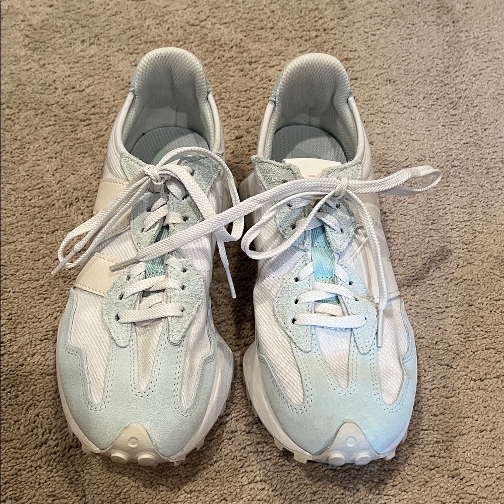 New Balance White and Light Blue Sneakers